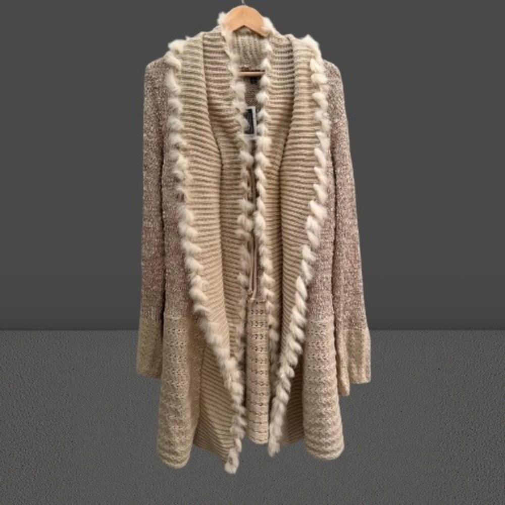 NEW Sioni Rabbit Fur Trim Duster Cardigan Sweater Y2K Open Tan Beige XL
